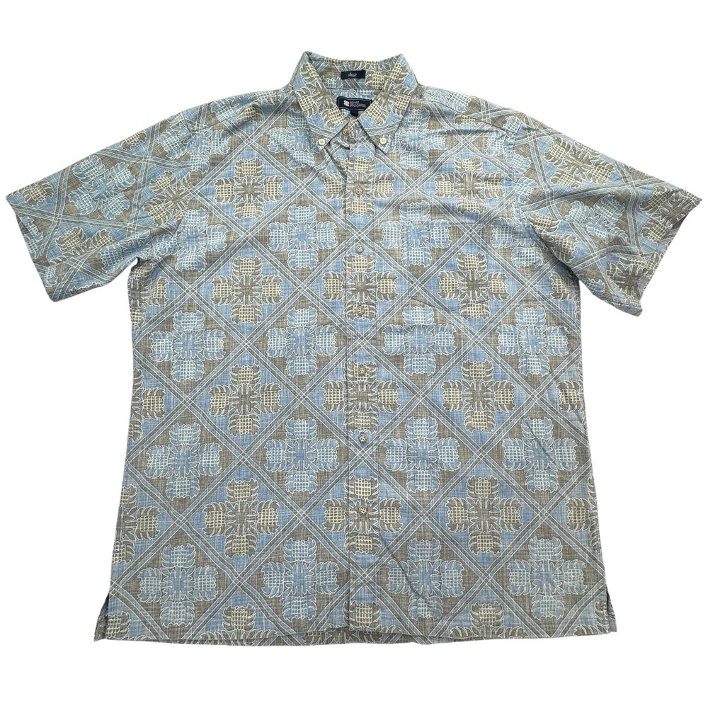 Reyn Spooner Shirt Mens Large Blue Gray Hawaiian Floral Classic Button Up Casual